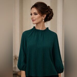 Adrianna Papell Emerald Green Swiss Dot 3/4 Sleeve Blouse, S